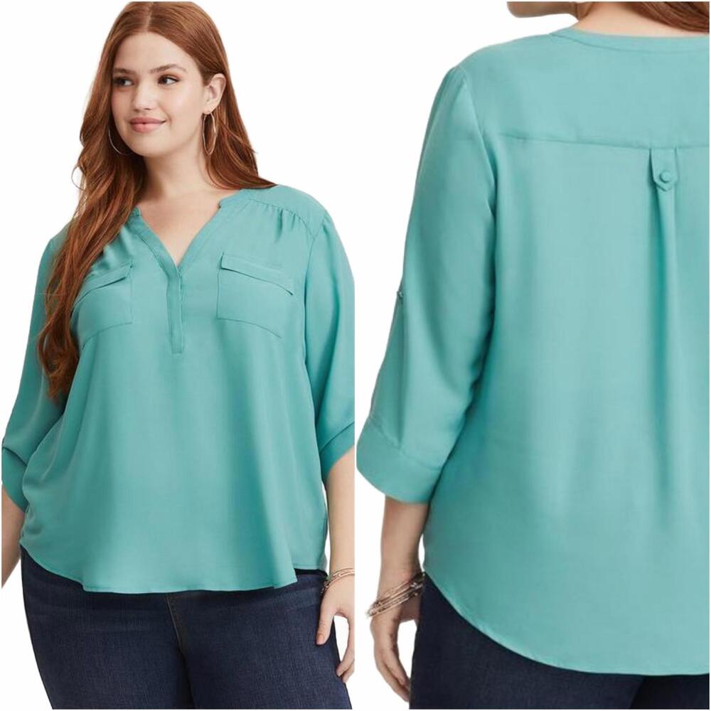 Torrid Harper Georgette Pullover 3/4 Sleeve Blue Green Blouse Plus Size 2X